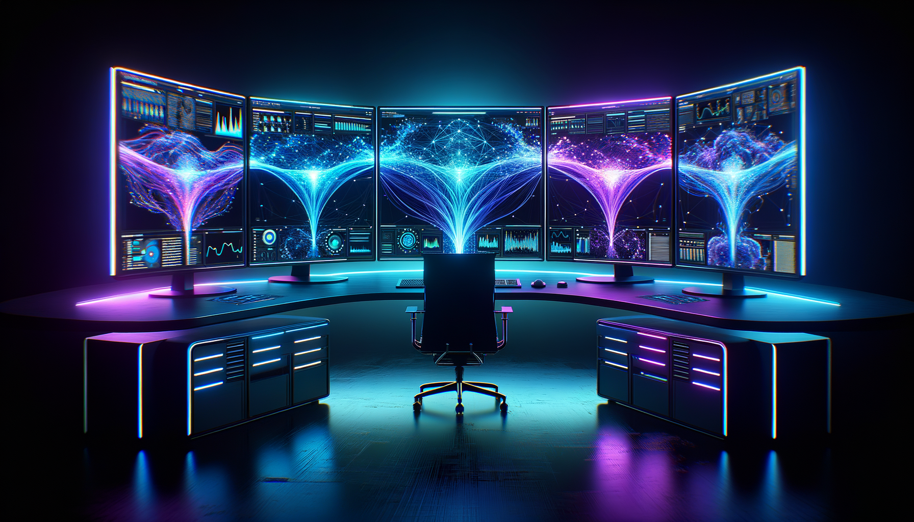 Centro de comando de inteligencia artificial con múltiples pantallas y visualizaciones de datos